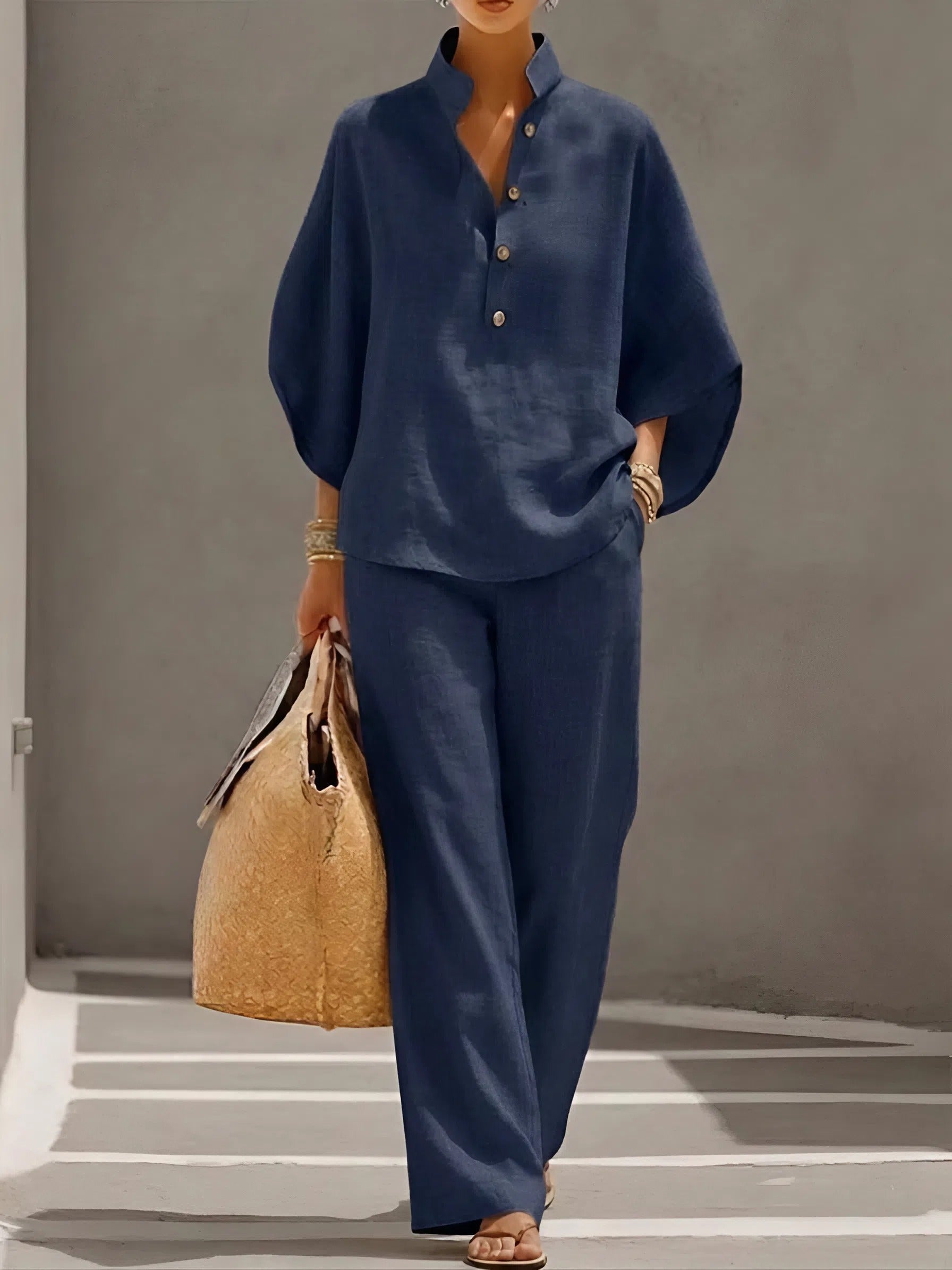 Women's Relaxed Button Front Top & Wide Leg Pants Set