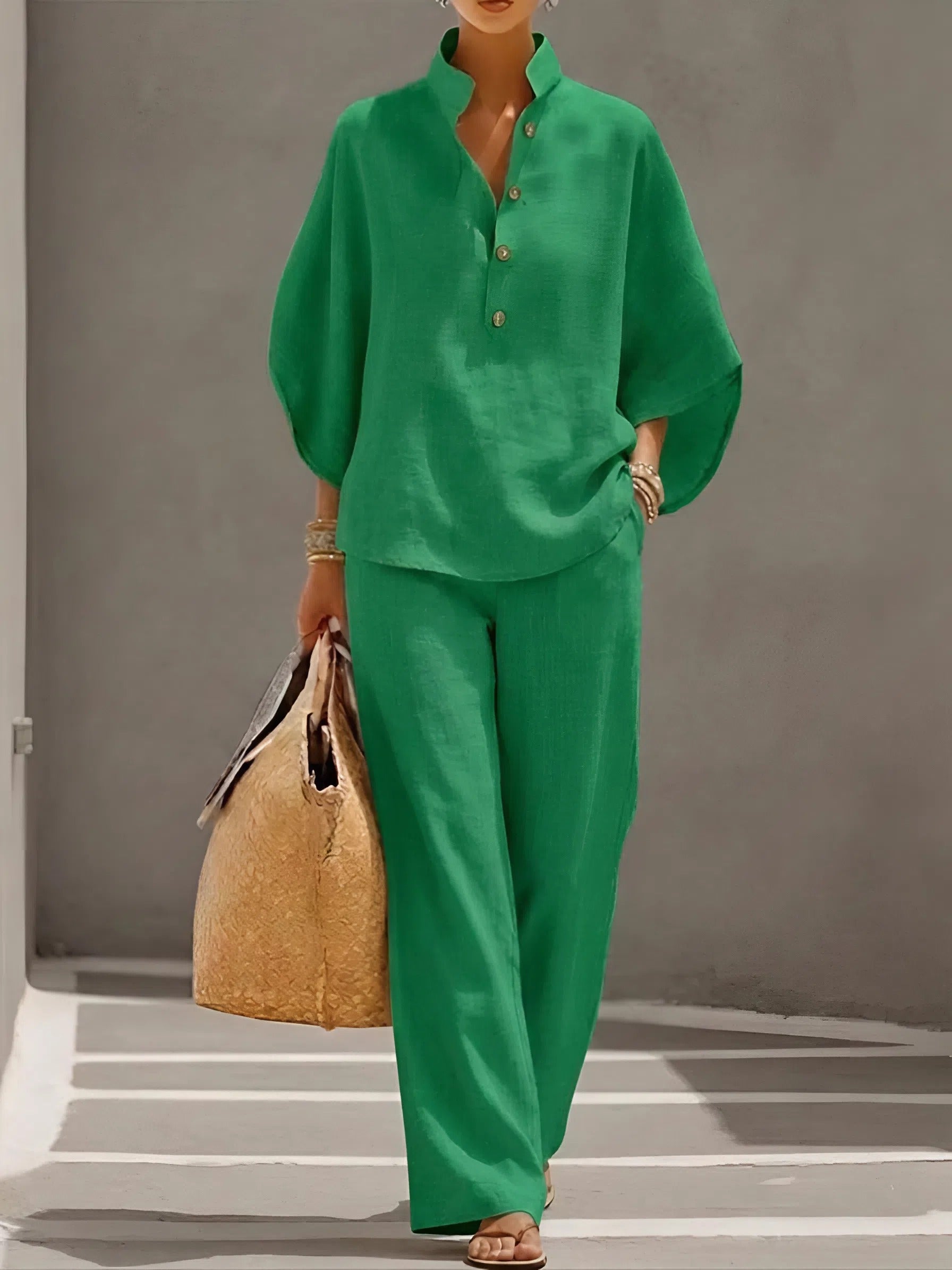 Women's Relaxed Button Front Top & Wide Leg Pants Set
