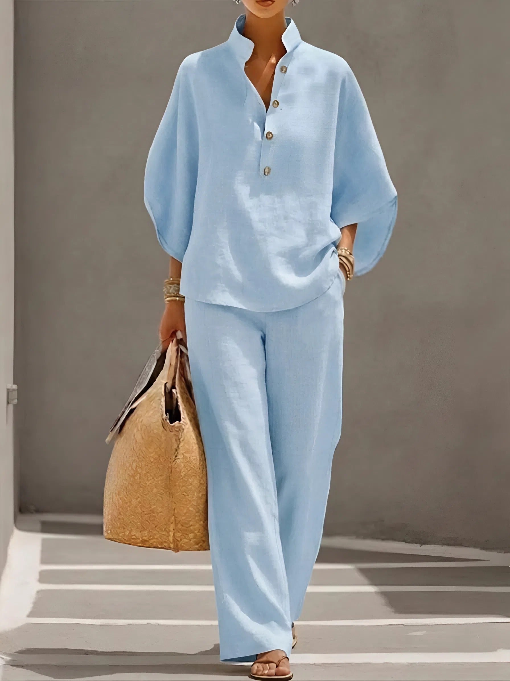 Women's Relaxed Button Front Top & Wide Leg Pants Set