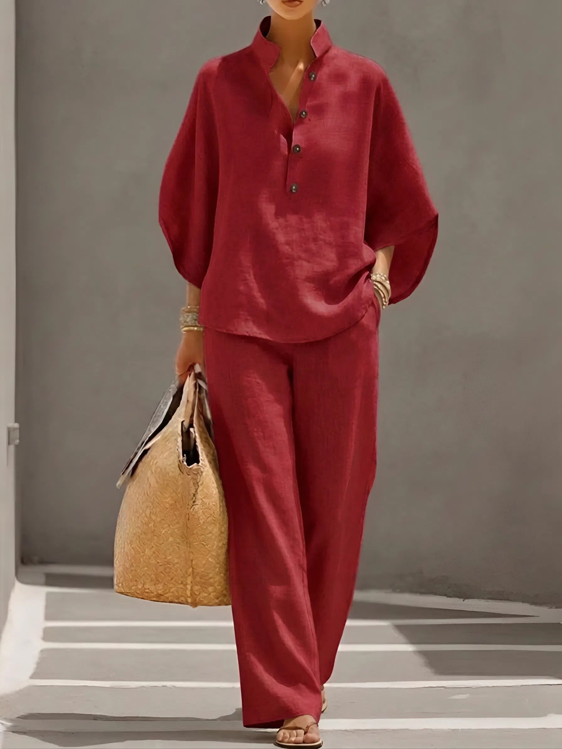 Women's Relaxed Button Front Top & Wide Leg Pants Set