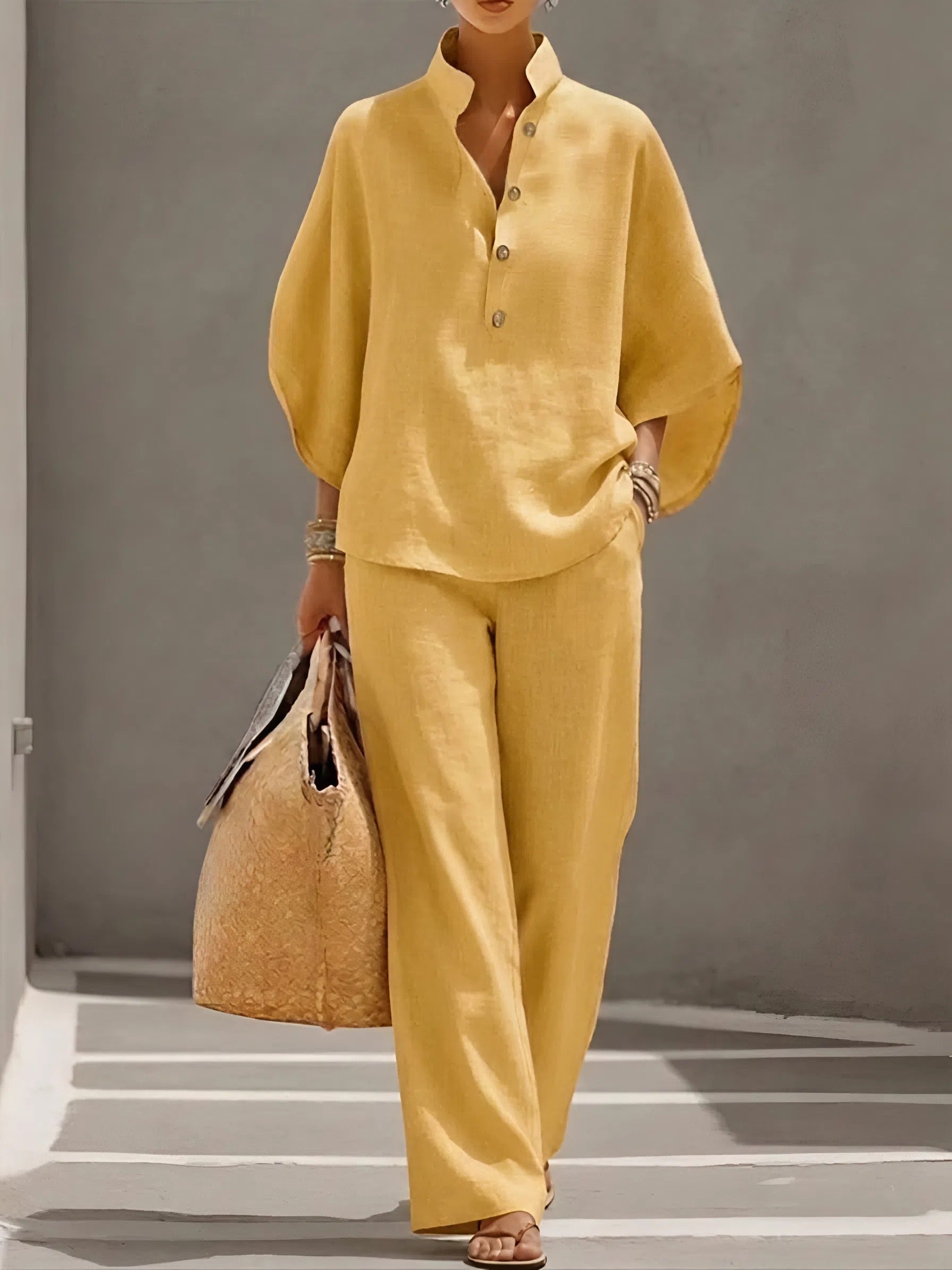 Women's Relaxed Button Front Top & Wide Leg Pants Set