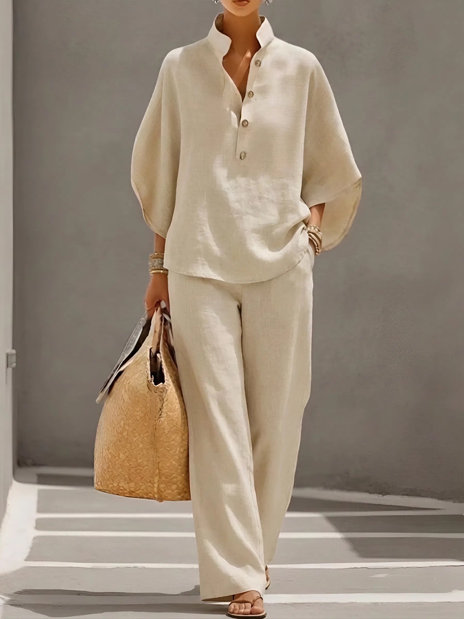 Women's Relaxed Button Front Top & Wide Leg Pants Set