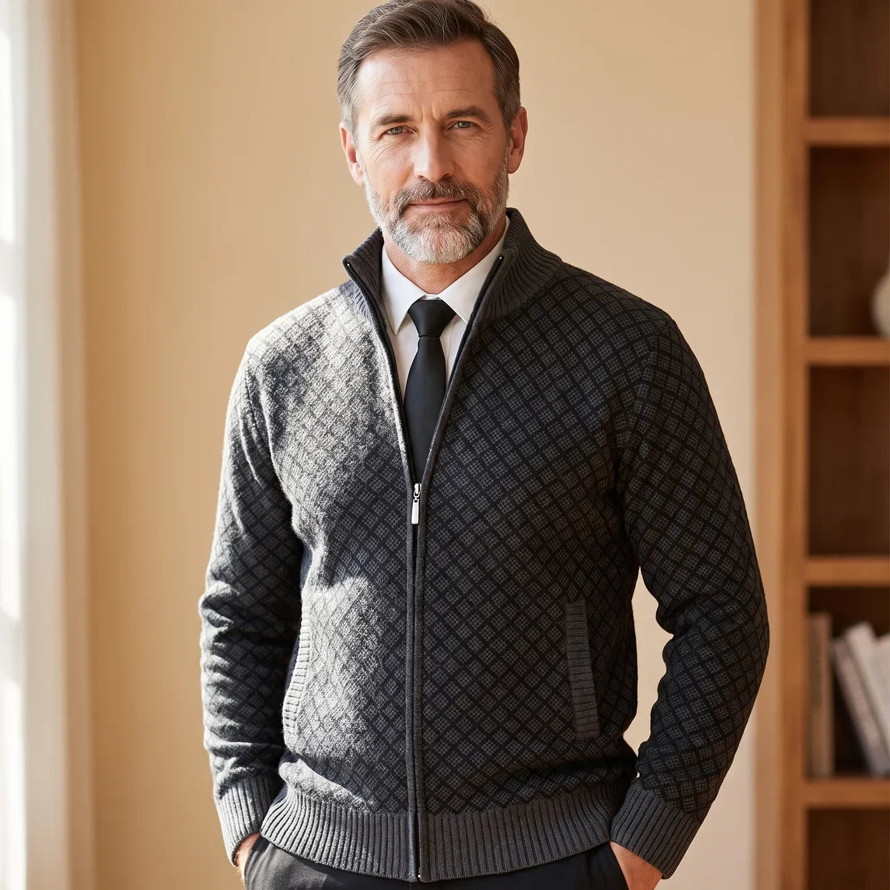 Men's Textured Zip-Up Knit Cardigan