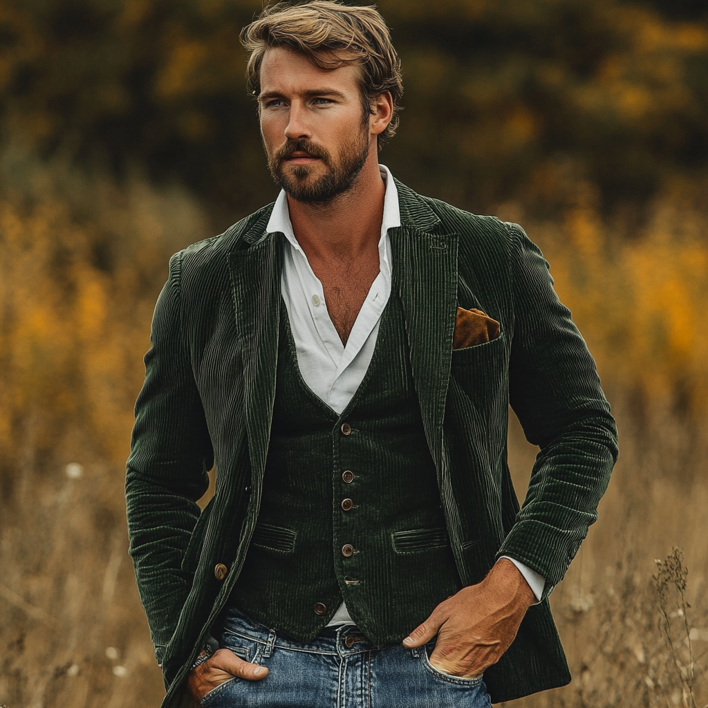 Men's Corduroy Blazer & Vest Outfit Set