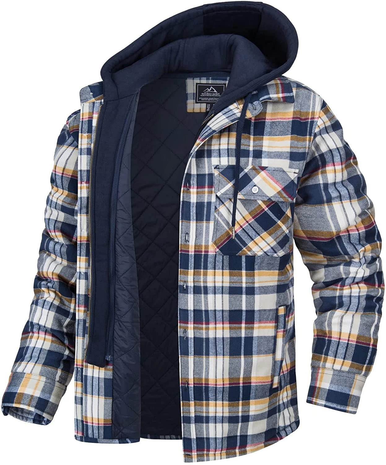 Men's Hooded Plaid Winter Jacket with Button Front