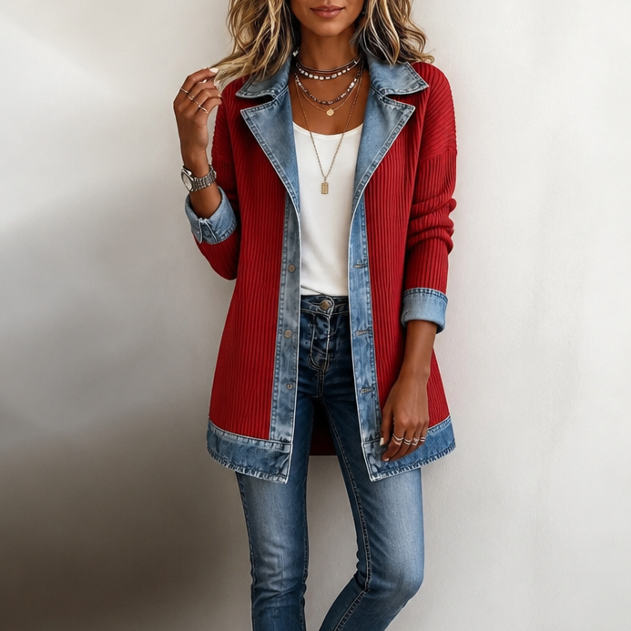 Women's Ribbed Knit Cardigan with Denim Panels