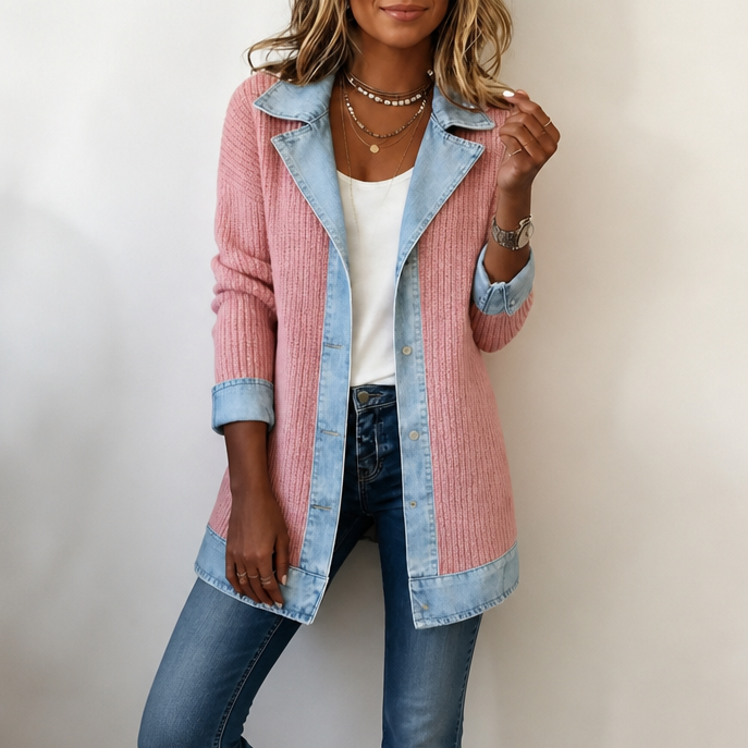 Women's Ribbed Knit Cardigan with Denim Panels