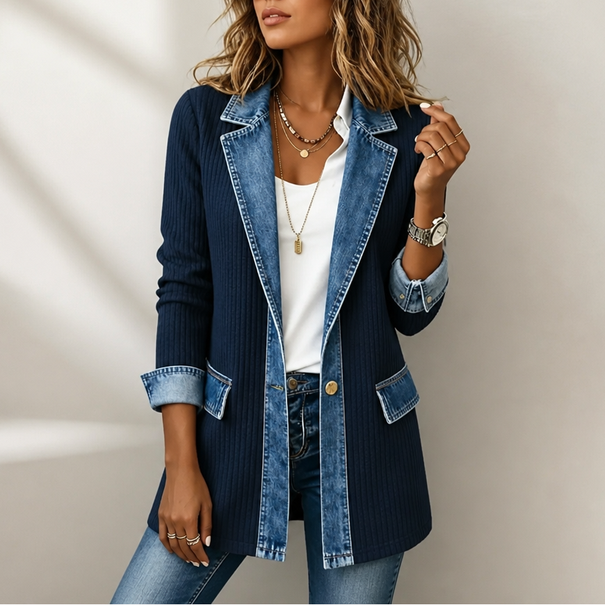 Women's Ribbed Knit Cardigan with Denim Panels