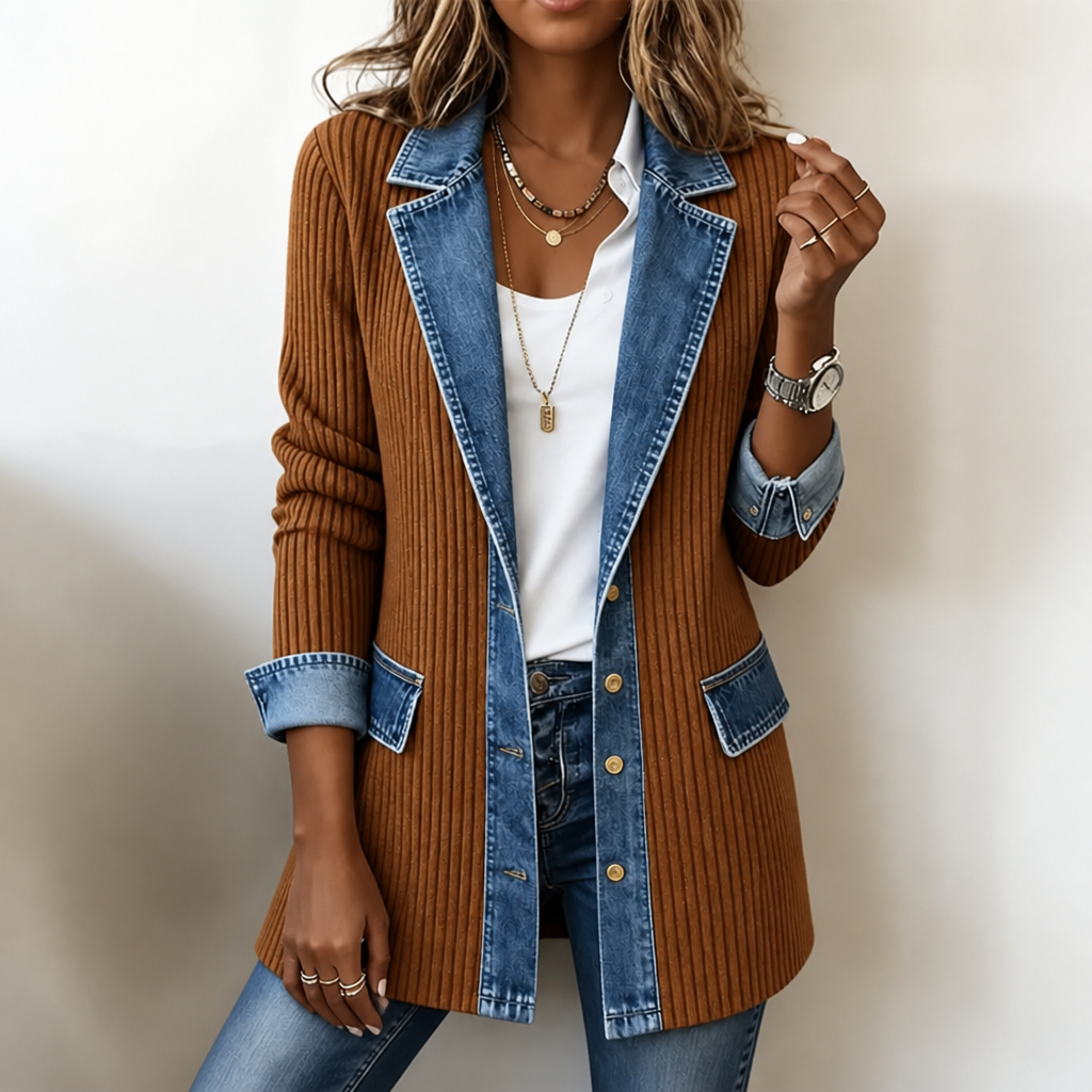Women's Ribbed Knit Cardigan with Denim Panels