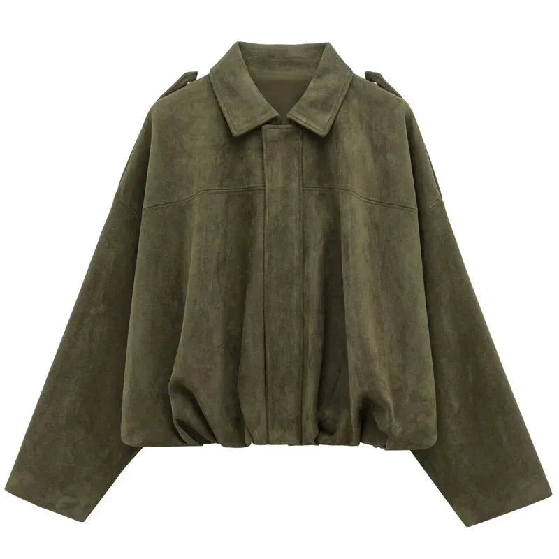 Women’s Oversized Faux Suede Bomber Jacket with Relaxed Streetwear Fit