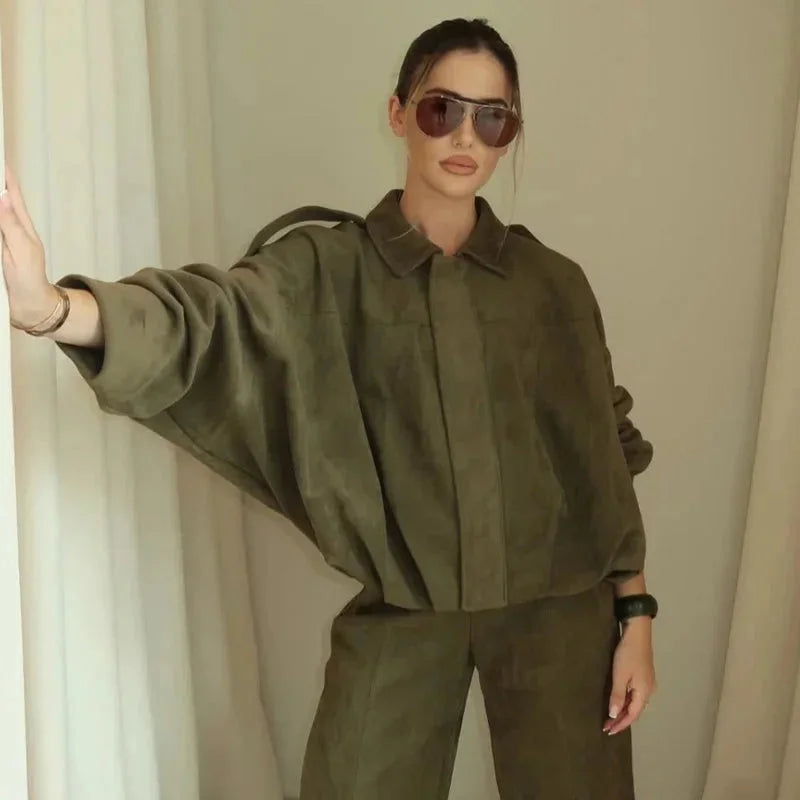 Women’s Oversized Faux Suede Bomber Jacket with Relaxed Streetwear Fit