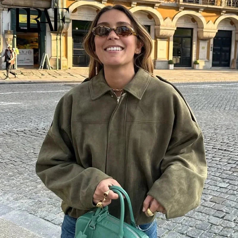 Women’s Oversized Faux Suede Bomber Jacket with Relaxed Streetwear Fit