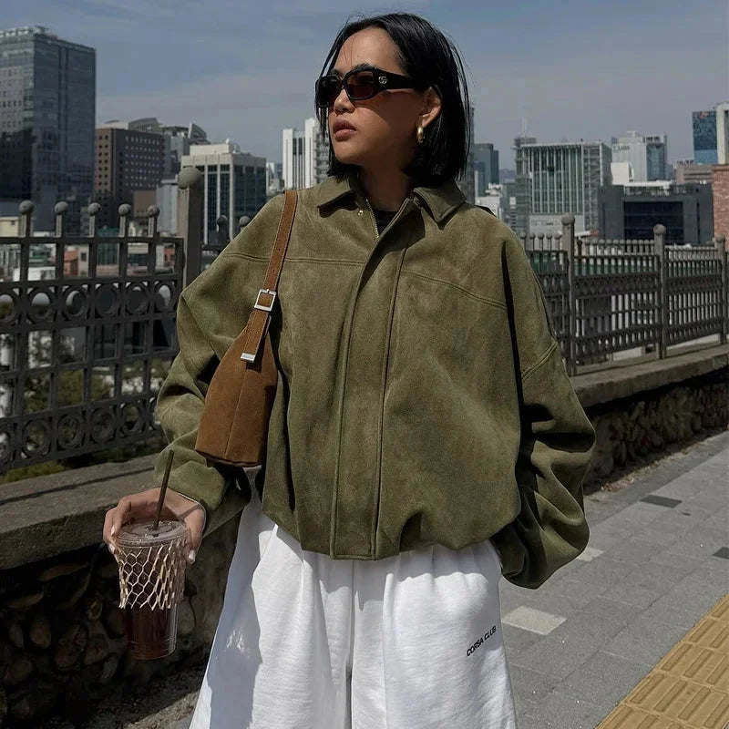 Women’s Oversized Faux Suede Bomber Jacket with Relaxed Streetwear Fit