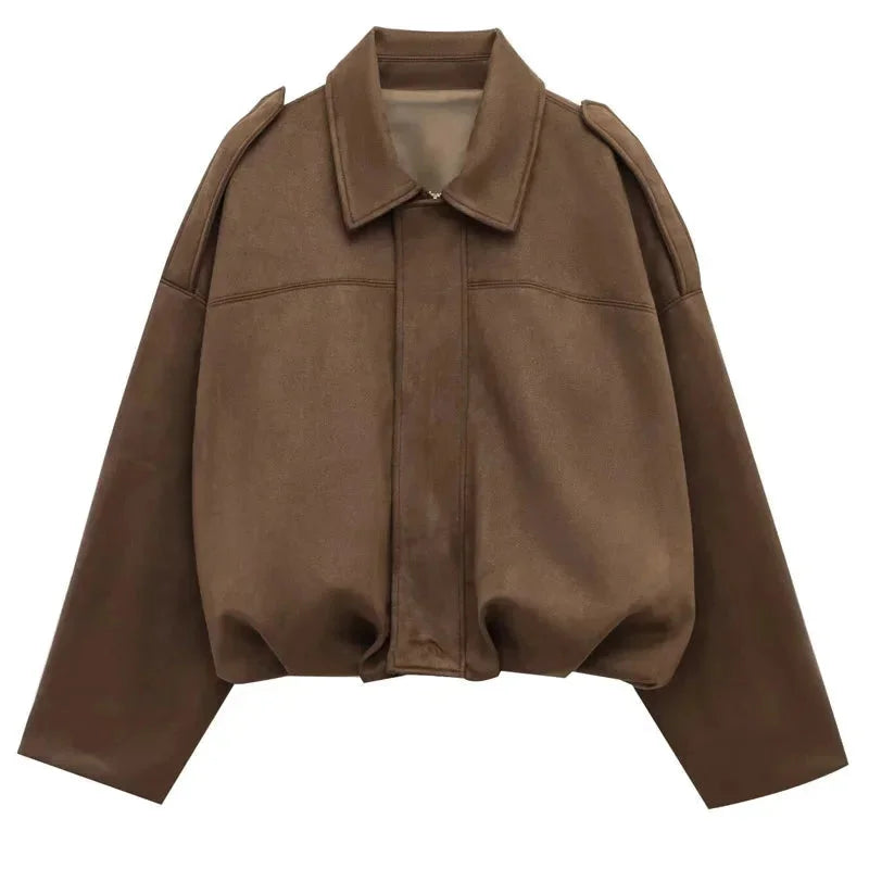 Women’s Oversized Faux Suede Bomber Jacket with Relaxed Streetwear Fit