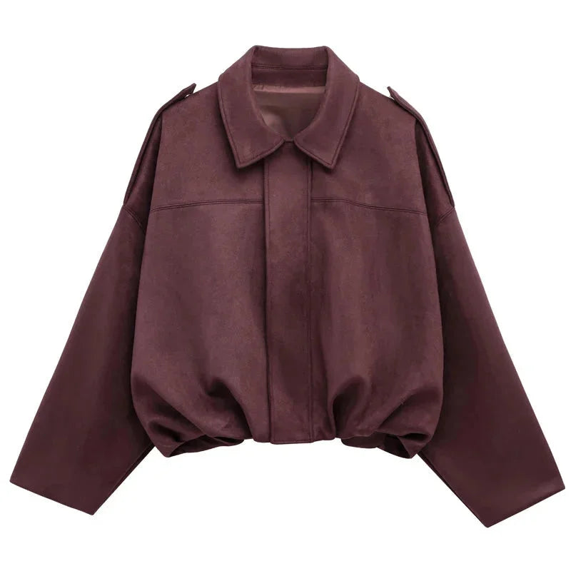Women’s Oversized Faux Suede Bomber Jacket with Relaxed Streetwear Fit