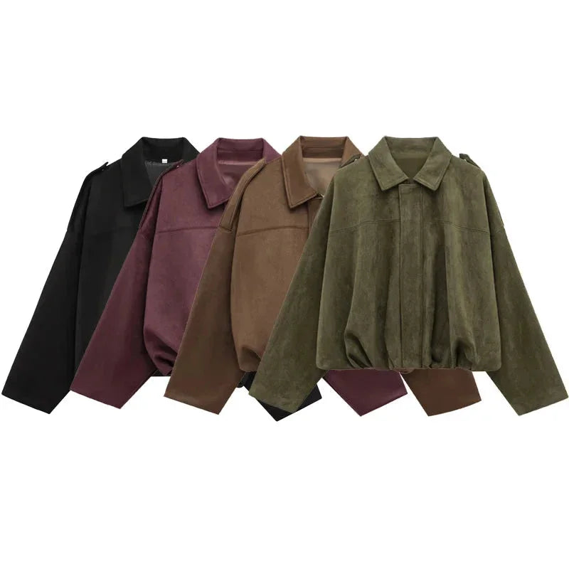 Women’s Oversized Faux Suede Bomber Jacket with Relaxed Streetwear Fit
