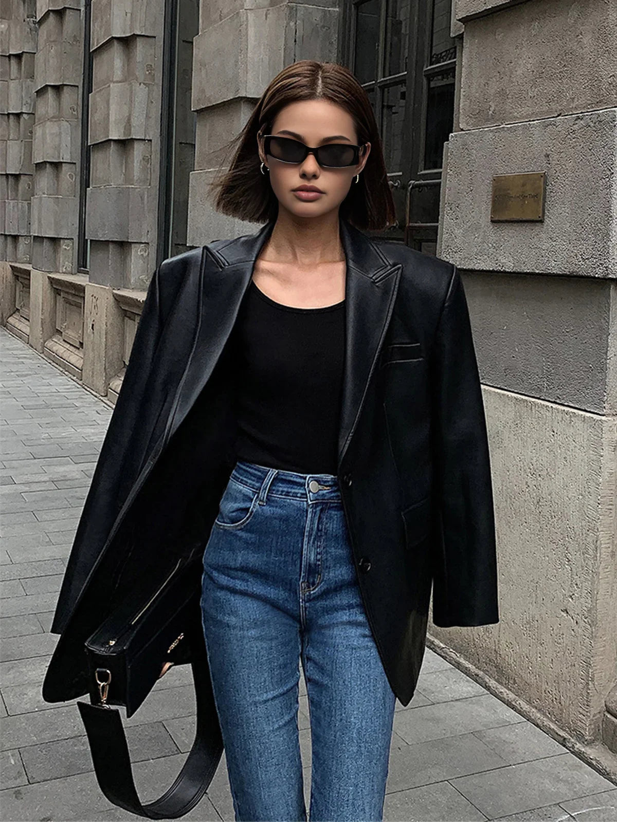 Women’s Oversized Faux Leather Blazer Jacket