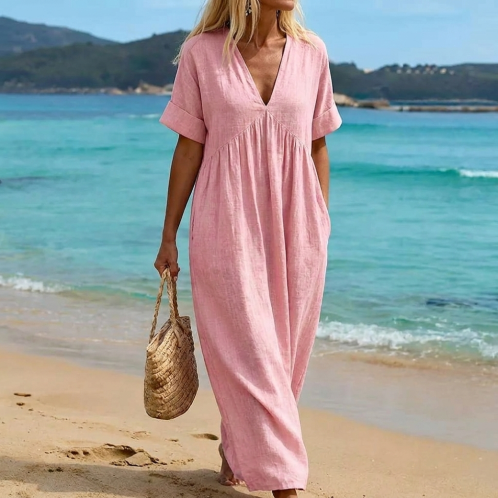 Women's V-Neck Short Sleeve Maxi Dress