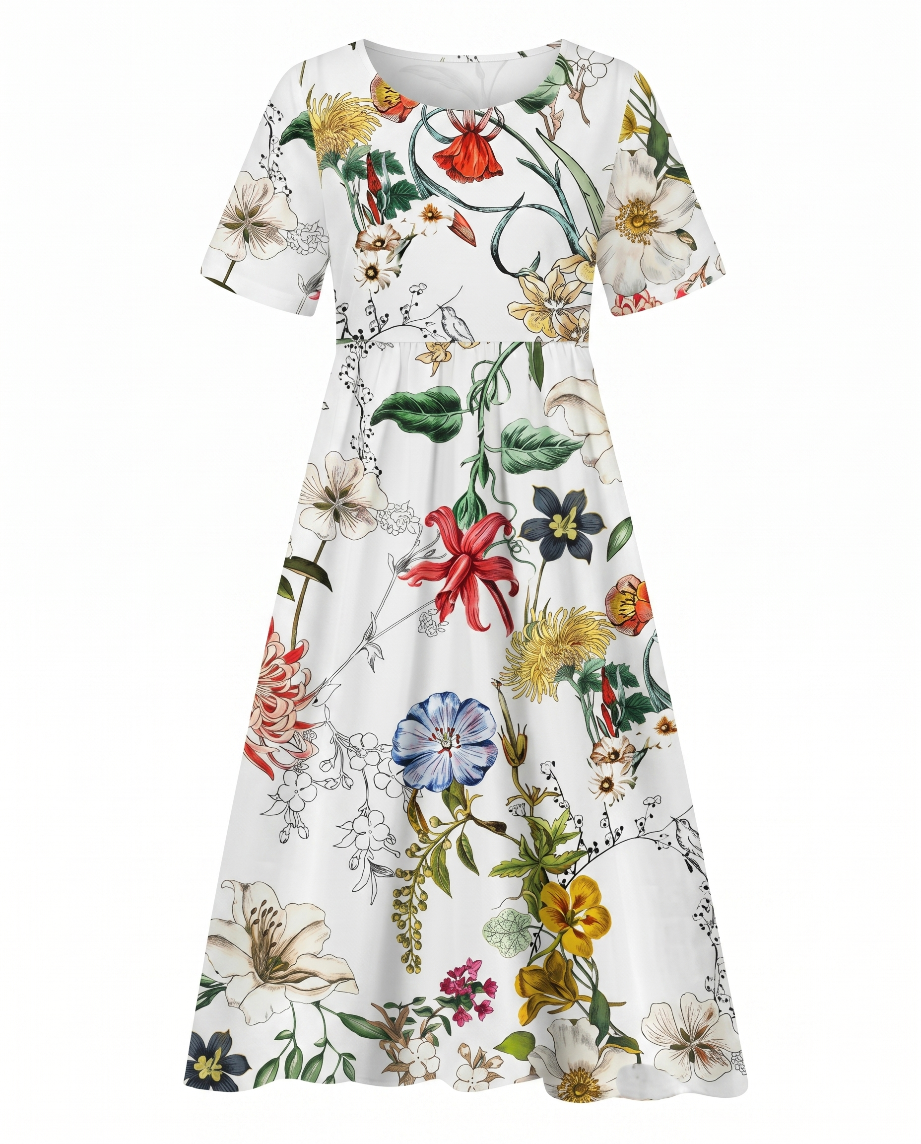 Women's Fresh Floral A-Line Round Neck Midi Dress