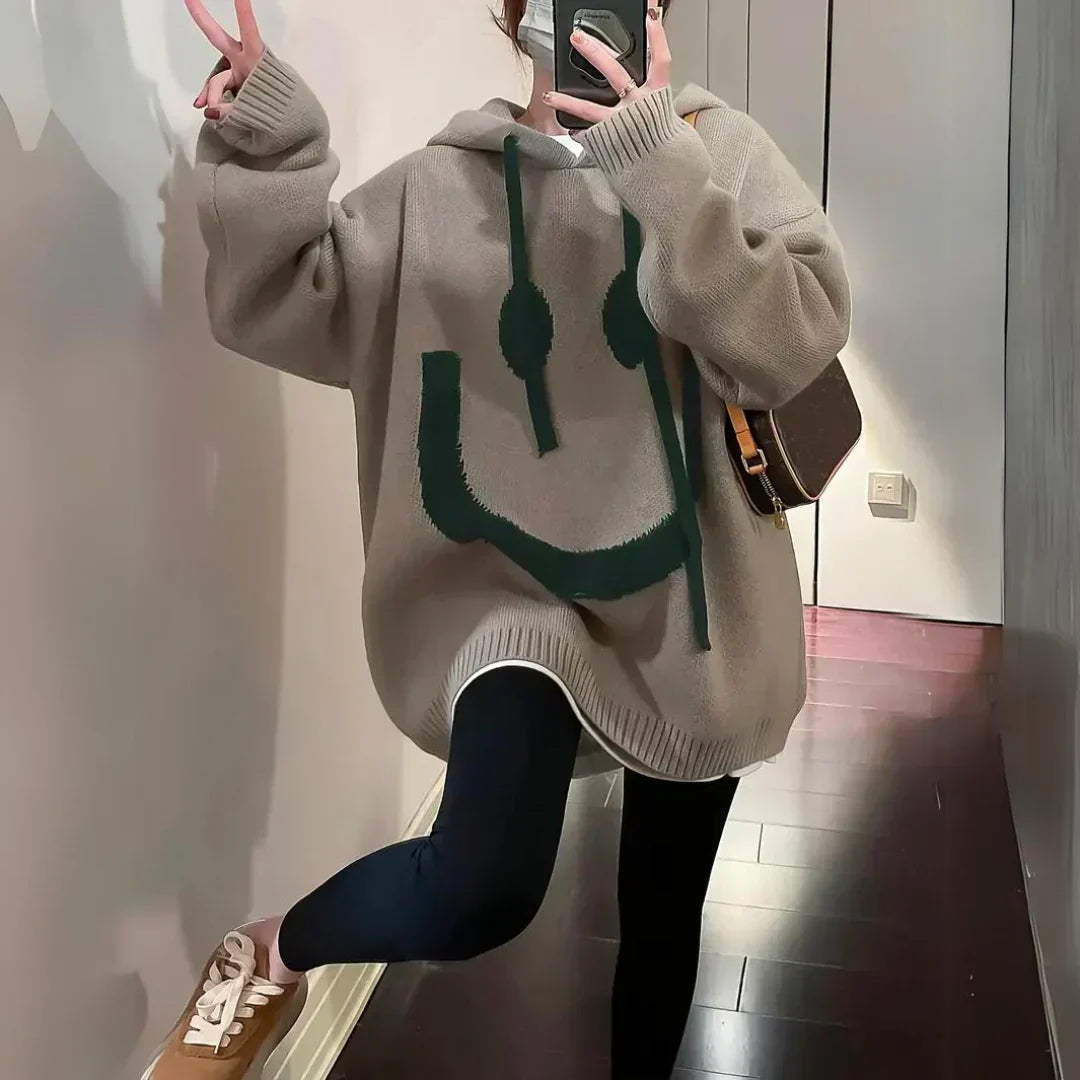 Women's Oversized Smiley Face Knit Hoodie