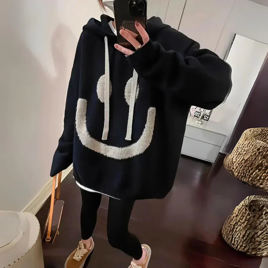 Women's Oversized Smiley Face Knit Hoodie