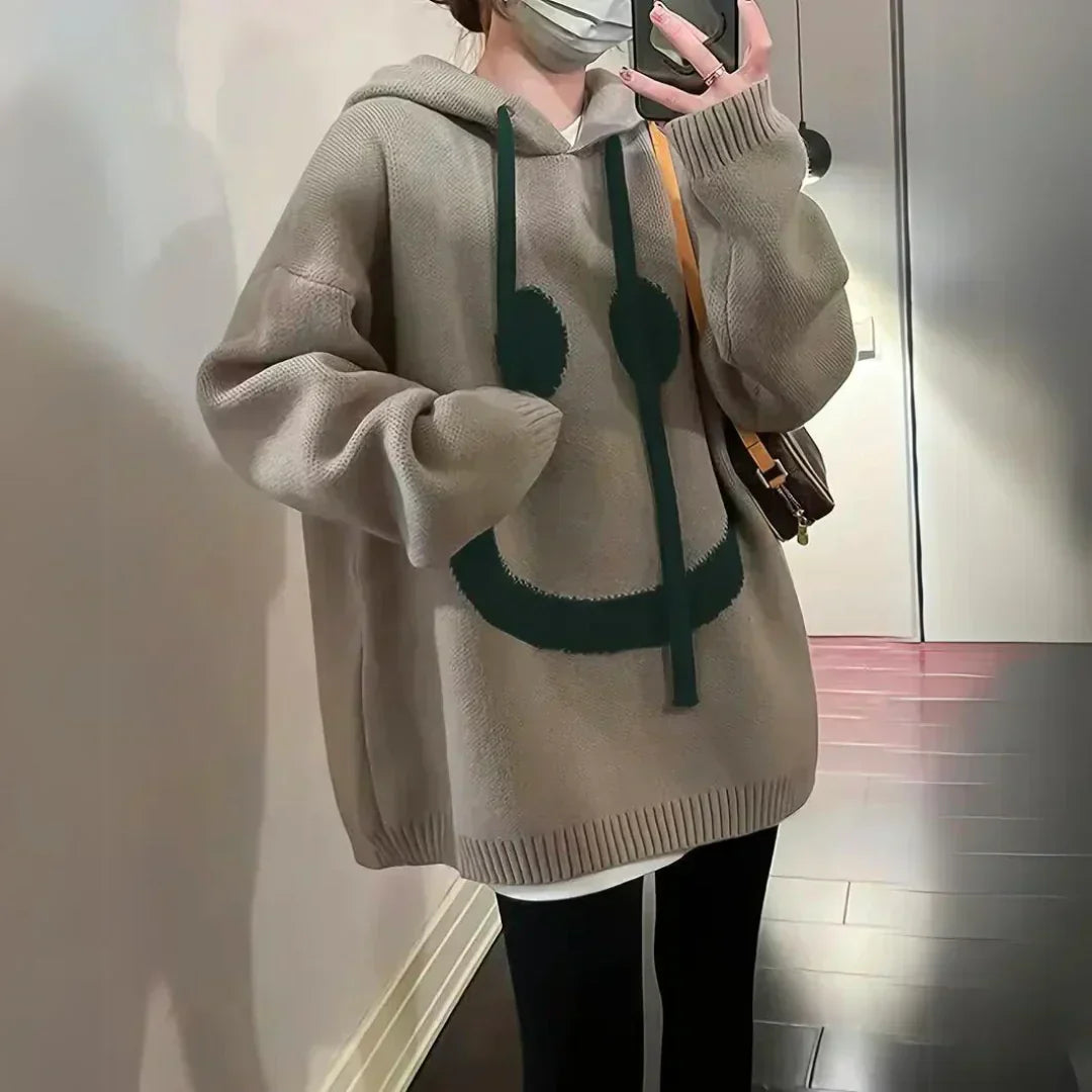 Women's Oversized Smiley Face Knit Hoodie