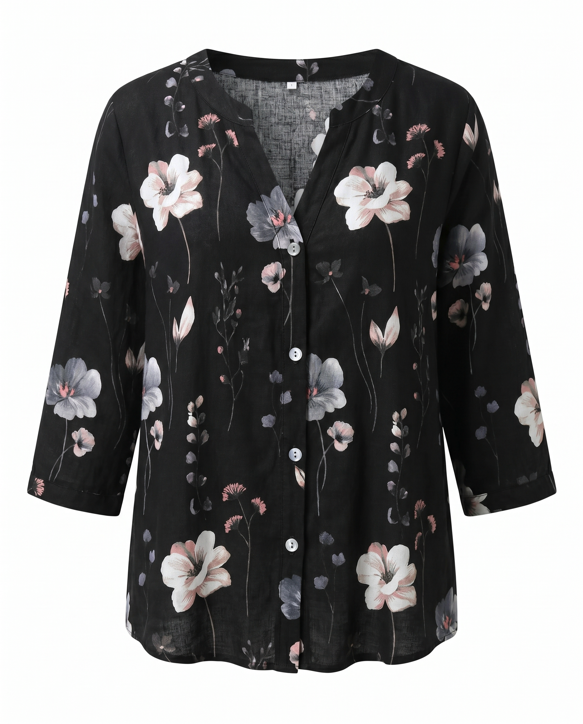 Women's Floral V-Neck Blouse with Three-Quarter Sleeves