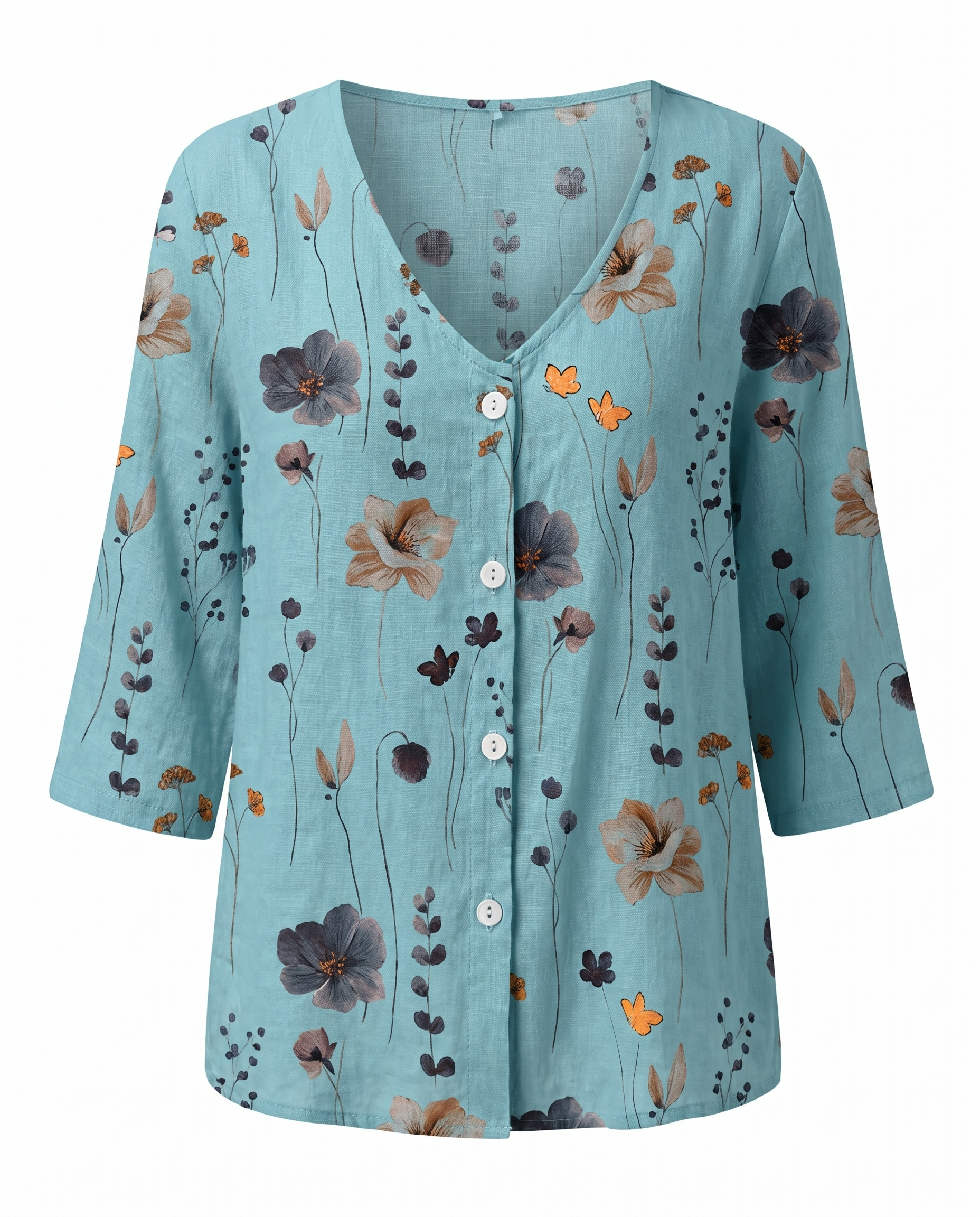 Women's Floral V-Neck Blouse with Three-Quarter Sleeves