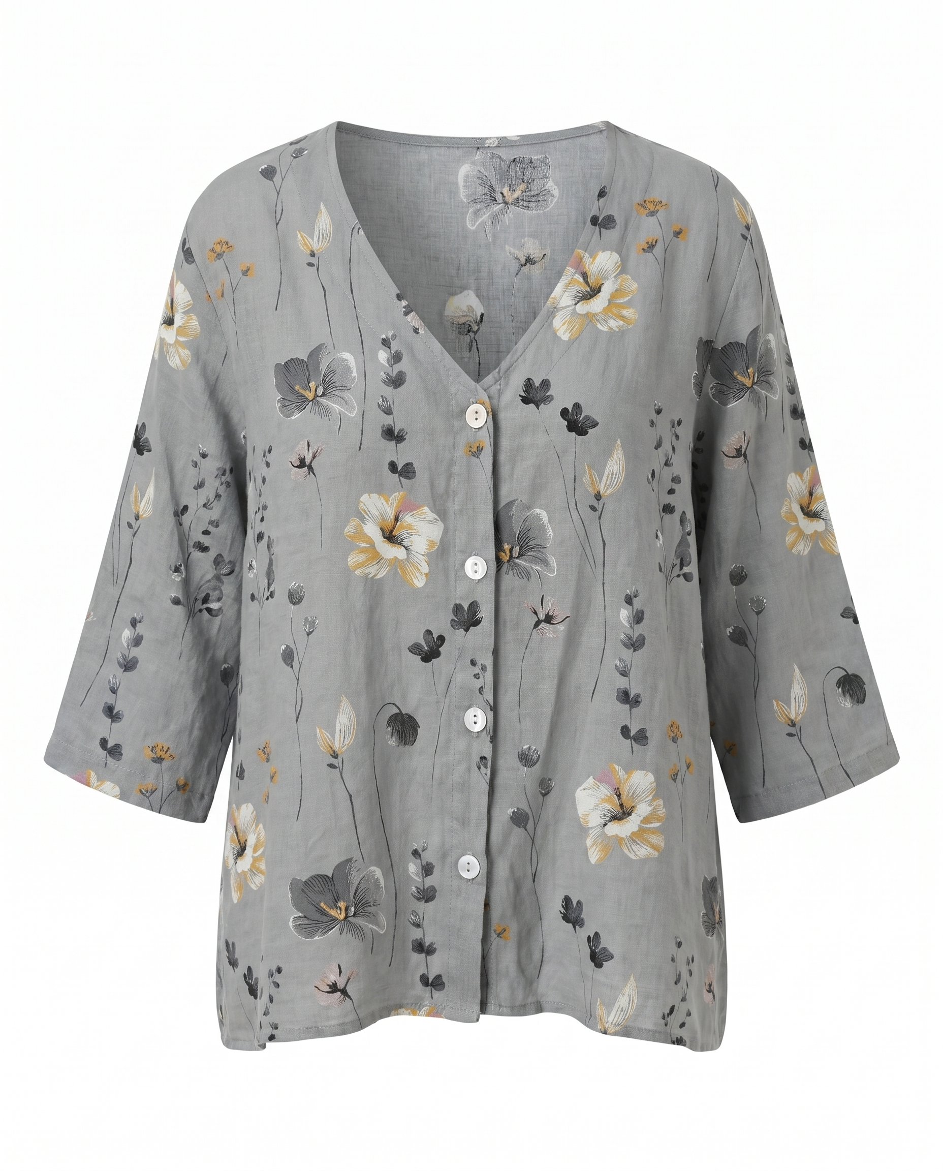 Women's Floral V-Neck Blouse with Three-Quarter Sleeves
