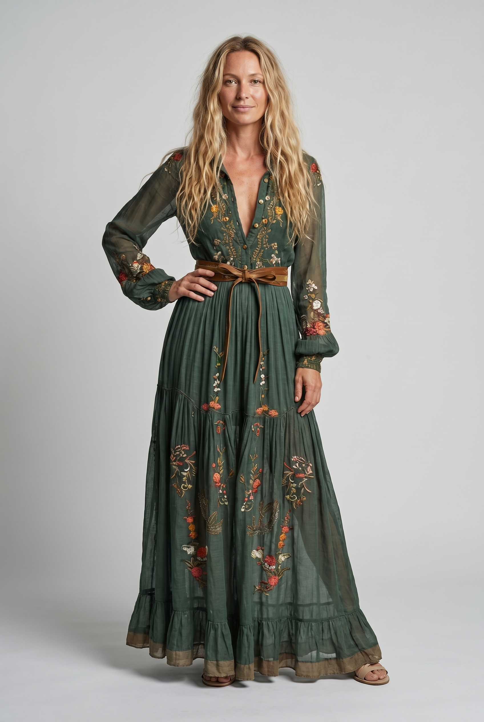 Women's Embroidered Bohemian V-Neck Maxi Dress