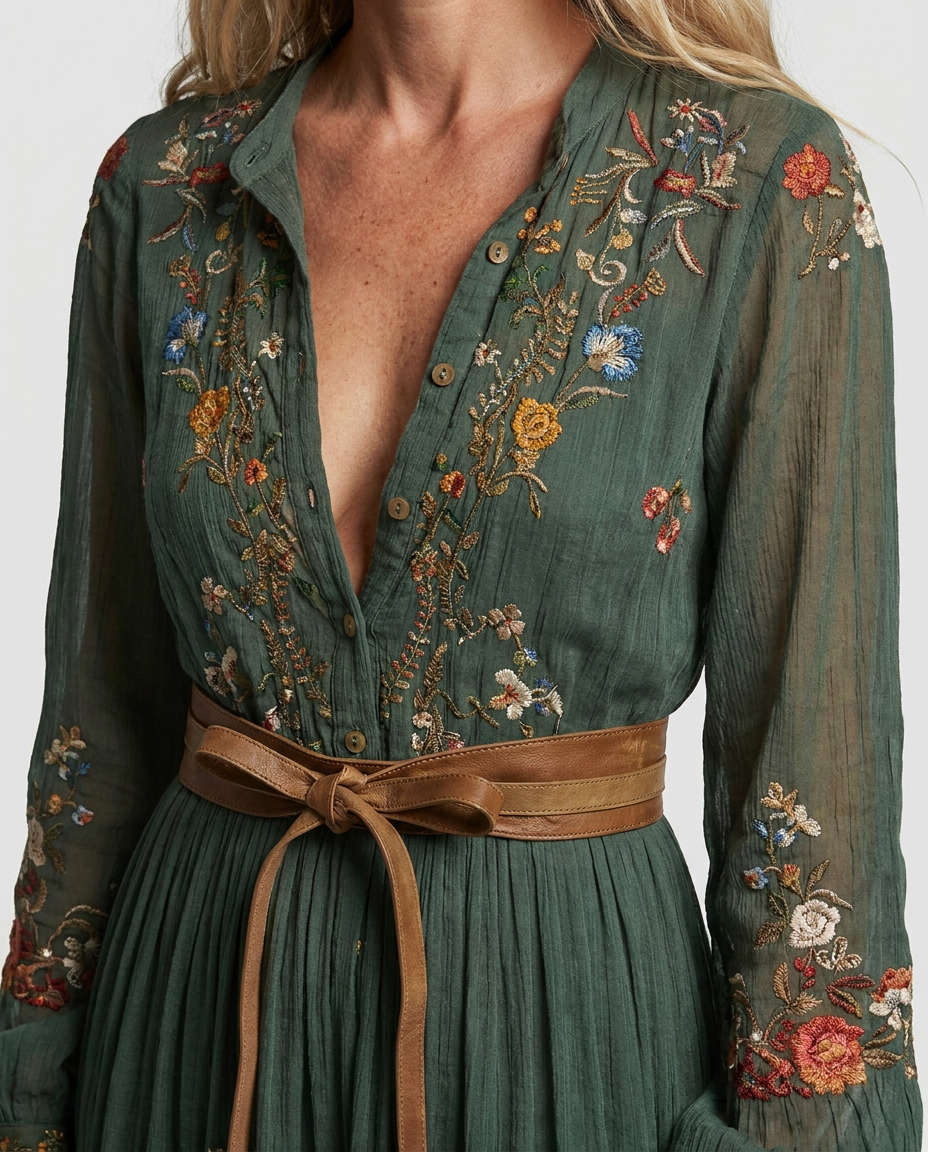 Women's Embroidered Bohemian V-Neck Maxi Dress