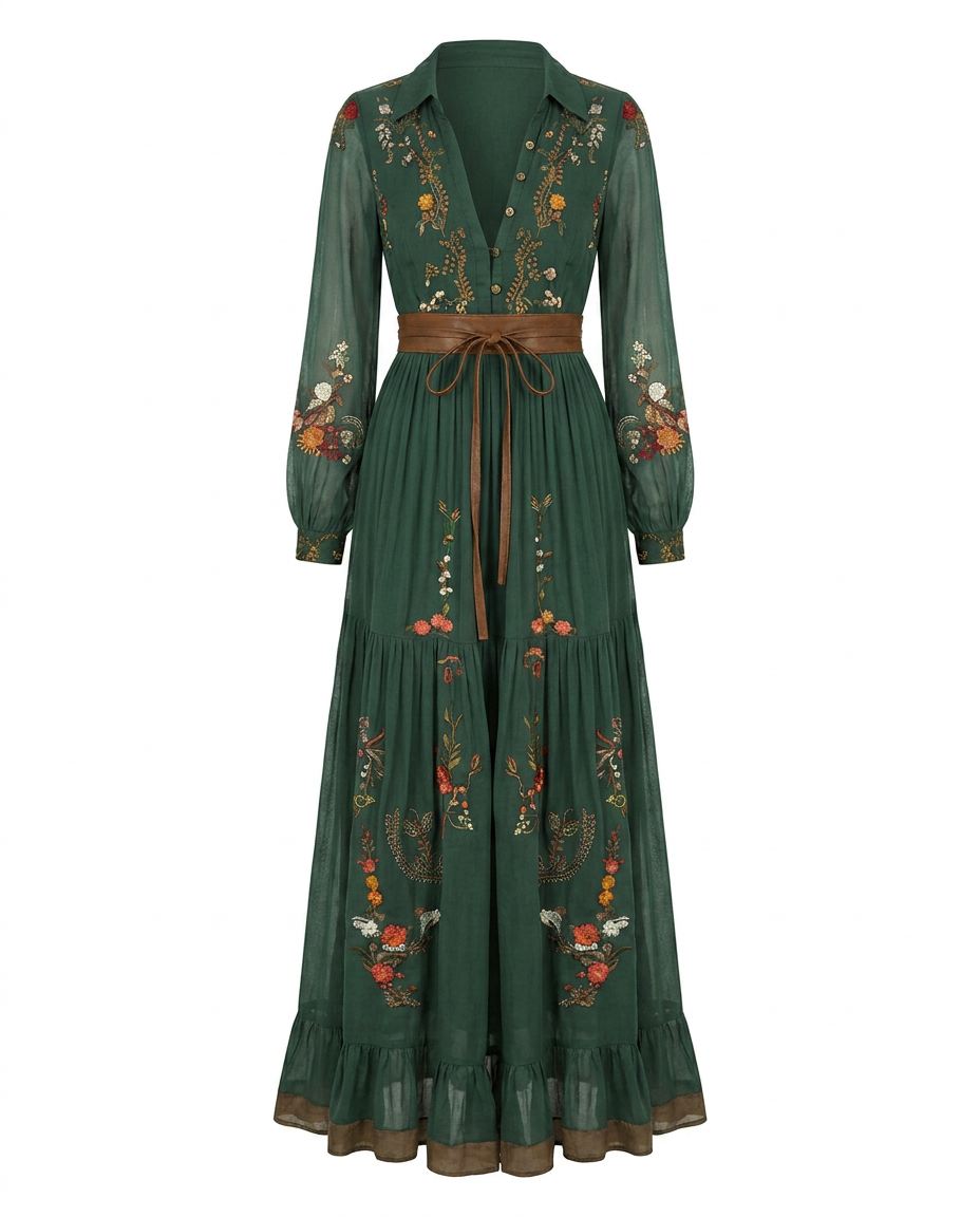 Women's Embroidered Bohemian V-Neck Maxi Dress