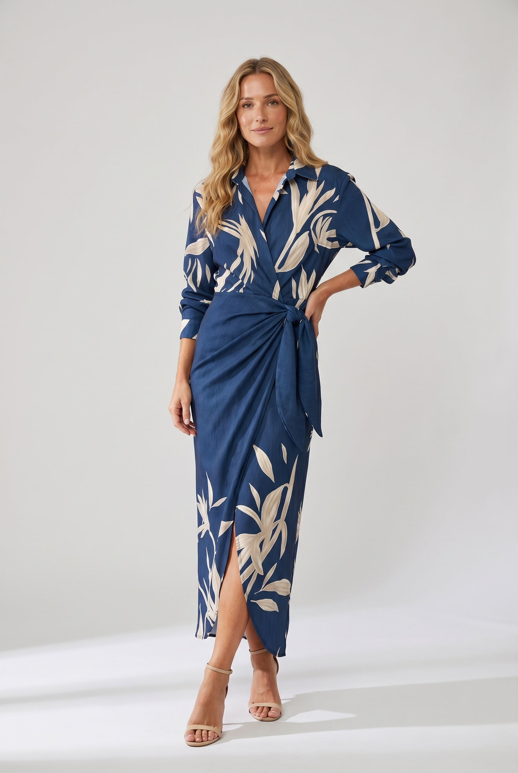 Women's Leaf Print V-Neck Wrap Maxi Dress | Nature-Inspired