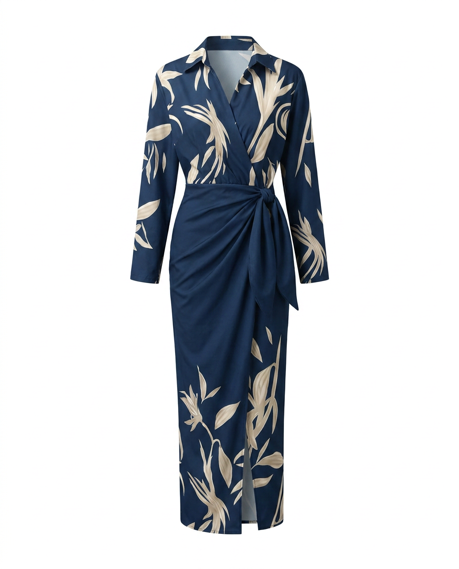 Women's Leaf Print V-Neck Wrap Maxi Dress | Nature-Inspired