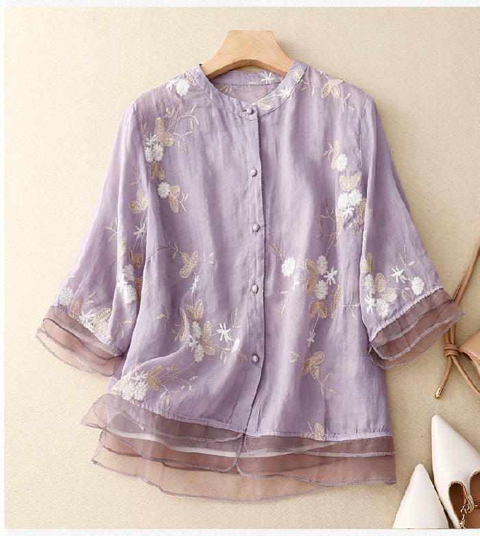 Women’s Floral Embroidered Sheer Blouse Elegant Fit