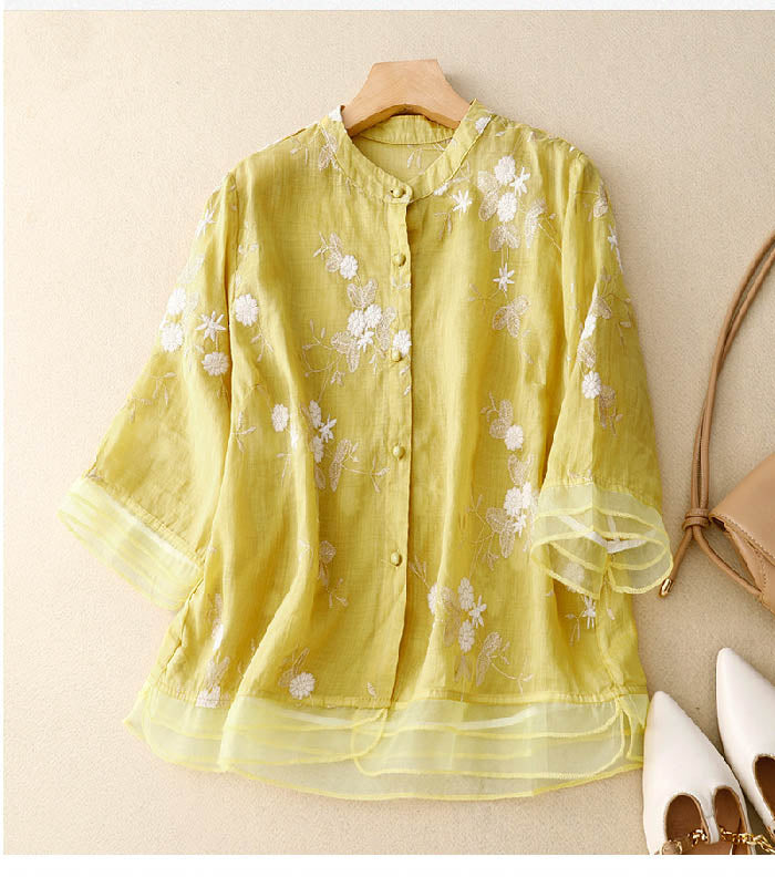 Women’s Floral Embroidered Sheer Blouse Elegant Fit