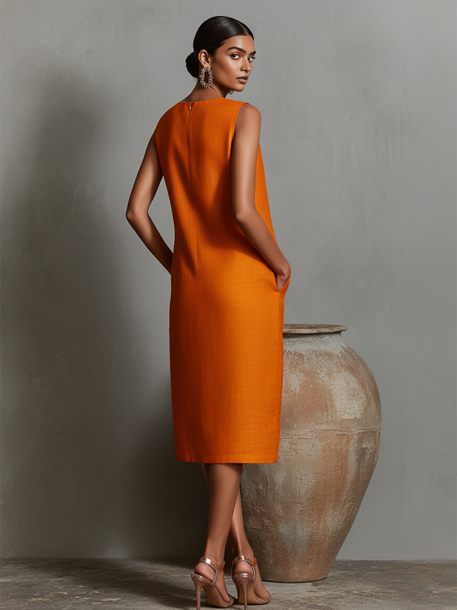 Women's Sleeveless Crew Neck Shift Midi Dress