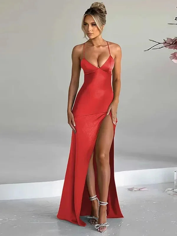 Xela - Women’s halter neck evening maxi dress with high slit