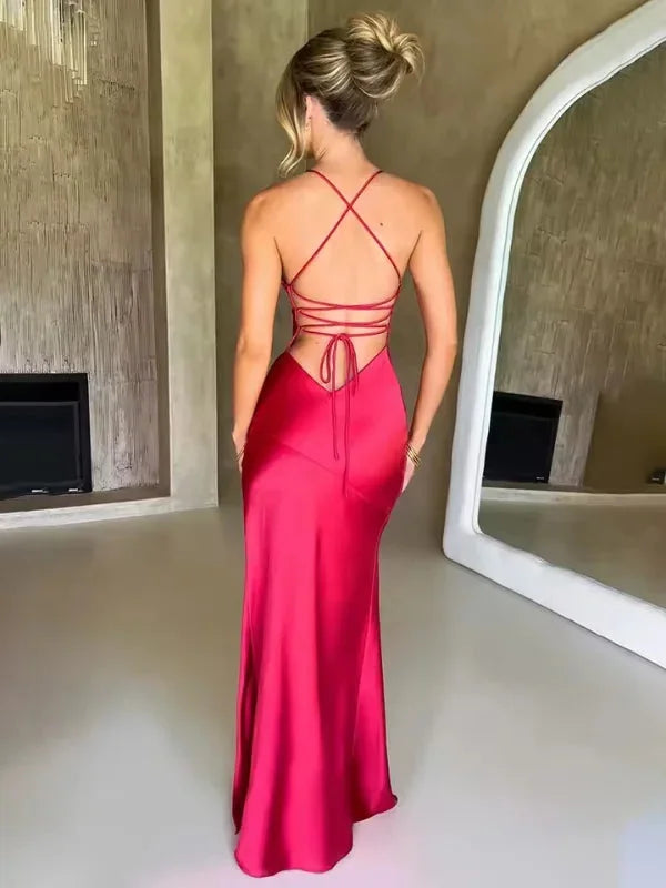 Xela - Women’s halter neck evening maxi dress with high slit