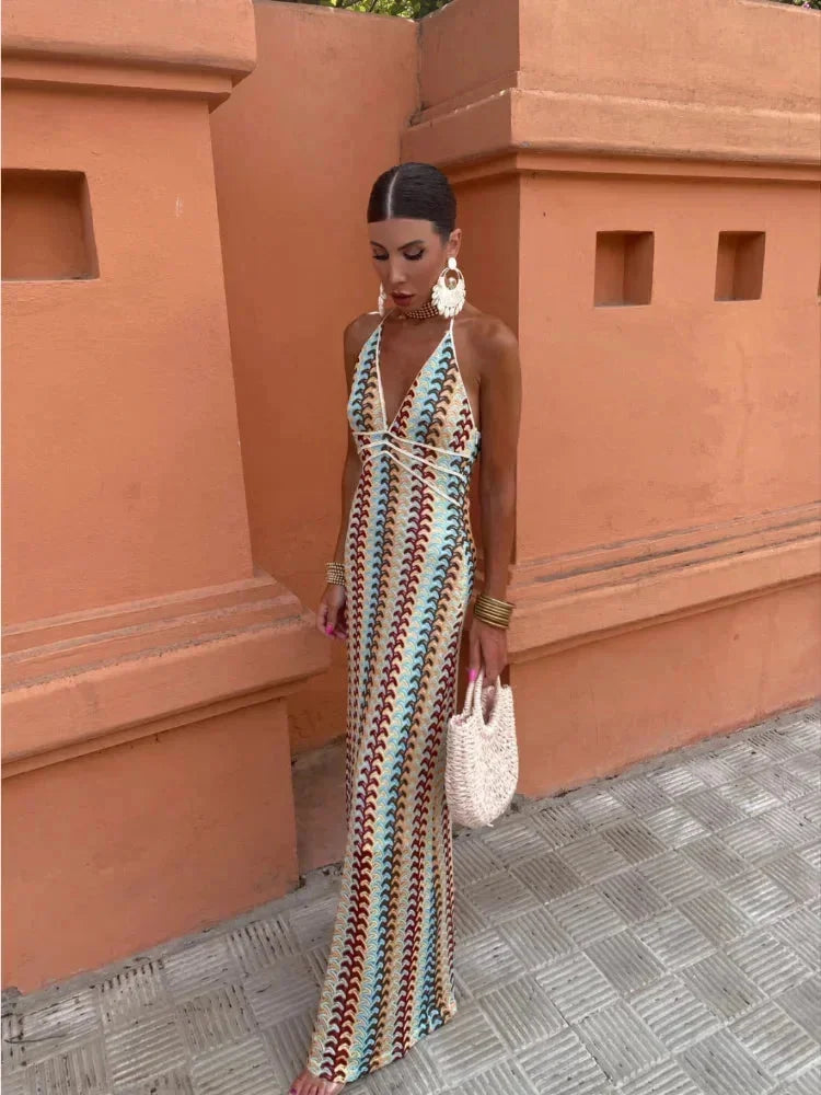 Zeynep - Women’s chevron halter maxi dress with waist tie